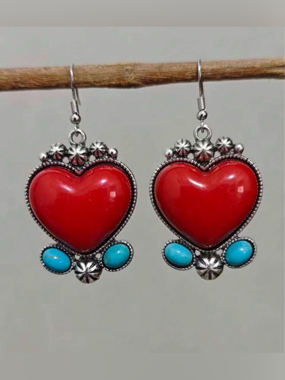 Western Earrings Red Heart Drop Earrings with Turquoise Accents